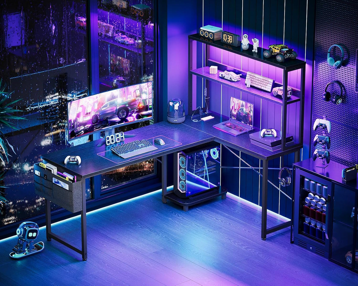 L Shaped Desk Gaming Desk with LED Light & Power Outlet