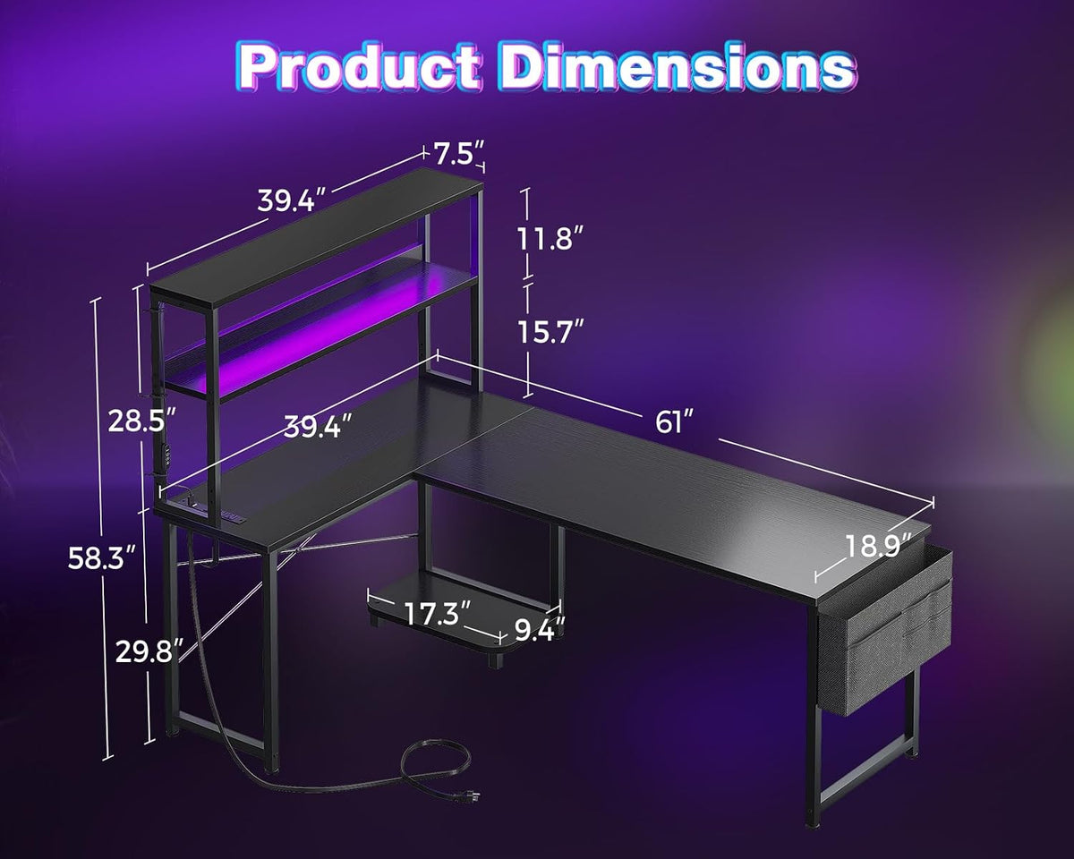 L Shaped Desk Gaming Desk with LED Light & Power Outlet