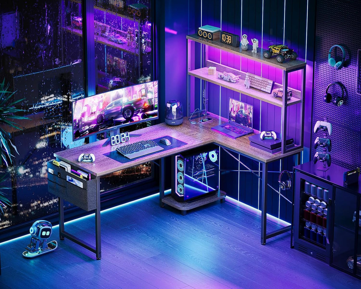 L Shaped Desk Gaming Desk with LED Light & Power Outlet