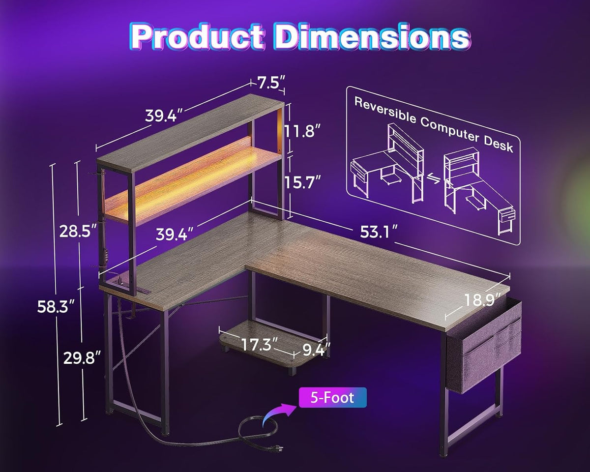 L Shaped Desk Gaming Desk with LED Light & Power Outlet