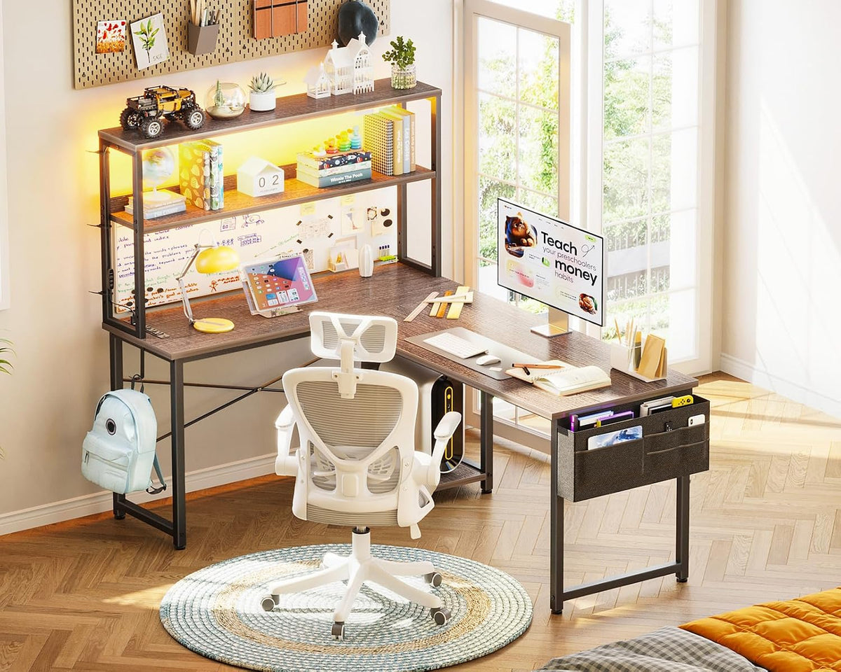 L Shaped Desk Gaming Desk with LED Light & Power Outlet