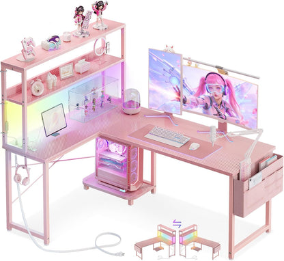 L Shaped Desk Gaming Desk with LED Light & Power Outlet
