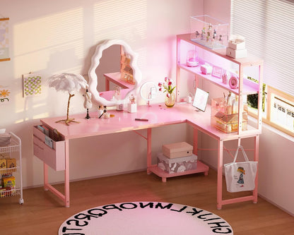 L Shaped Desk Gaming Desk with LED Light & Power Outlet