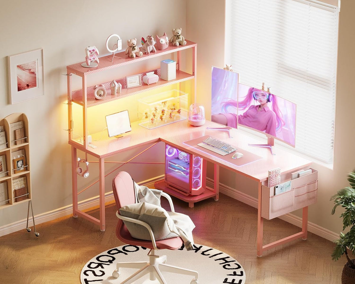L Shaped Desk Gaming Desk with LED Light & Power Outlet