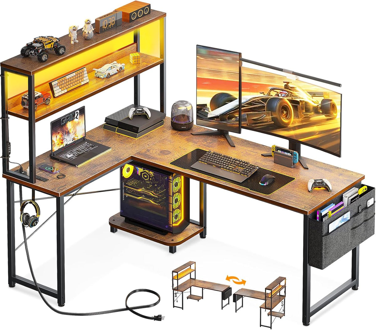 L Shaped Desk Gaming Desk with LED Light & Power Outlet