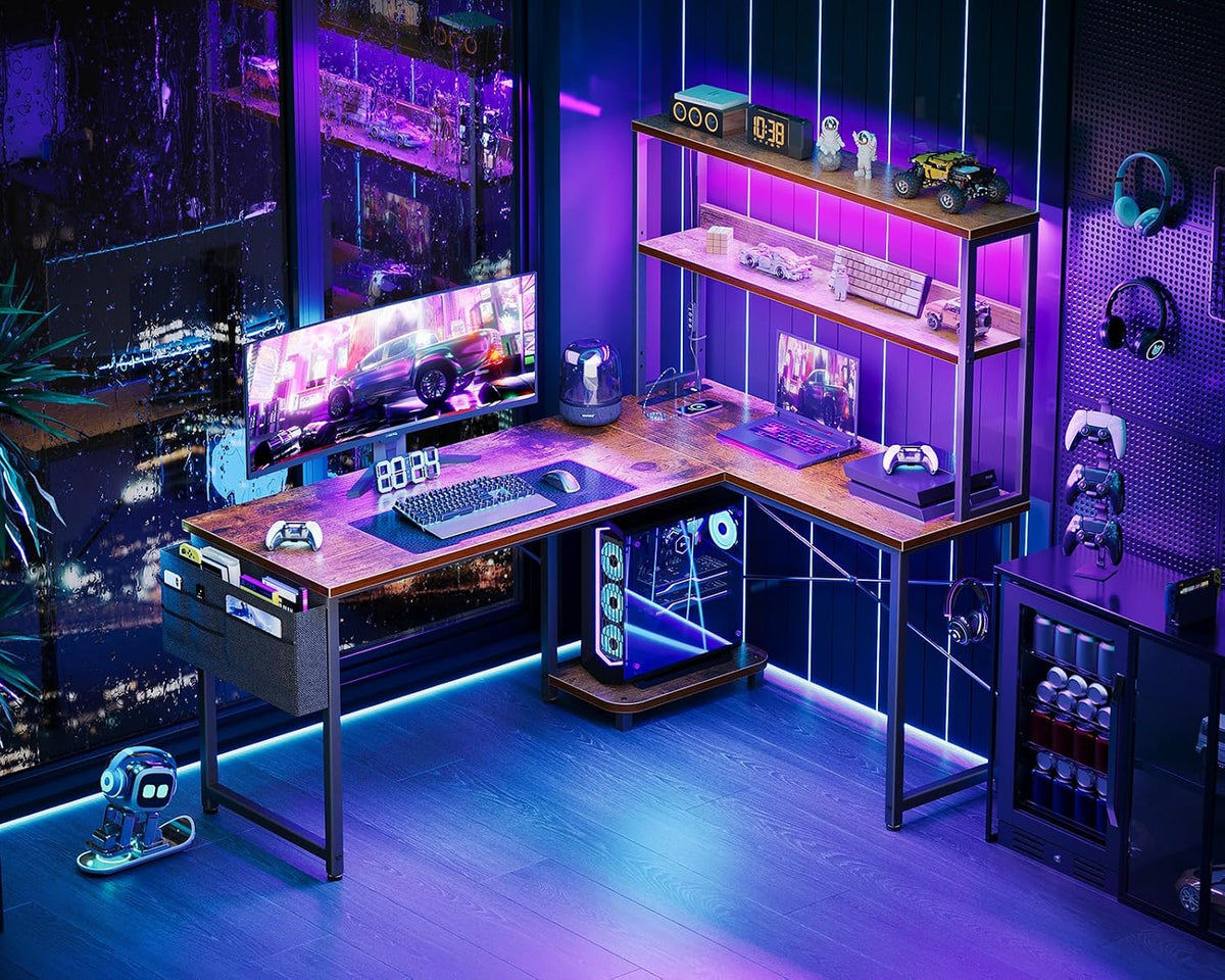 L Shaped Desk Gaming Desk with LED Light & Power Outlet