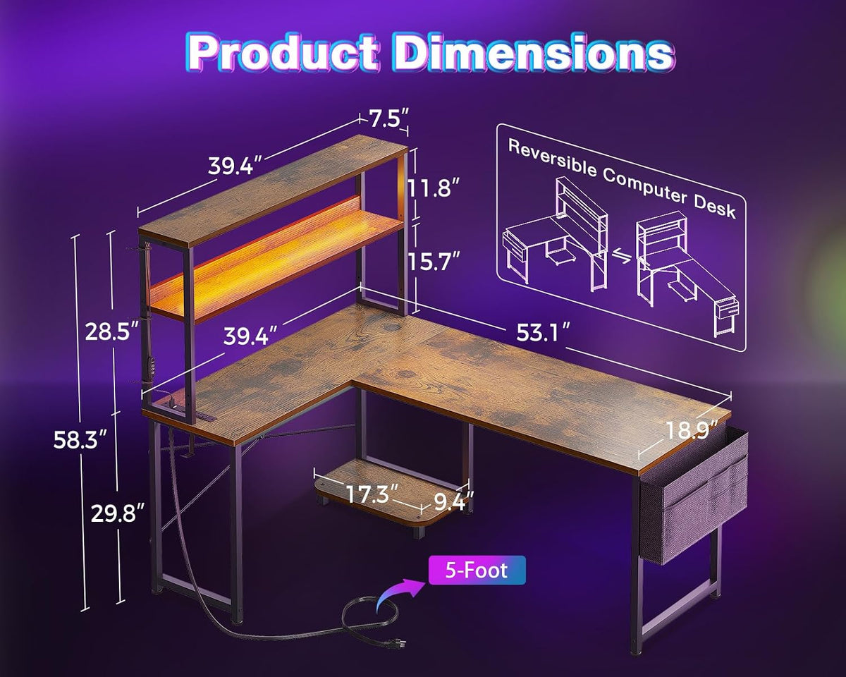 L Shaped Desk Gaming Desk with LED Light & Power Outlet
