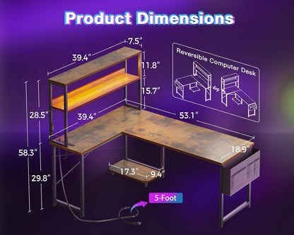 L Shaped Desk Gaming Desk with LED Light & Power Outlet