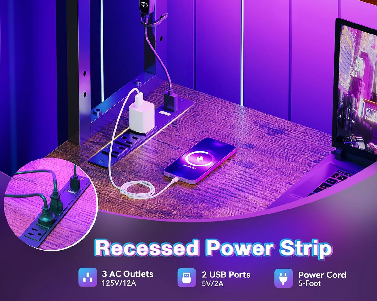 L Shaped Desk Gaming Desk with LED Light & Power Outlet