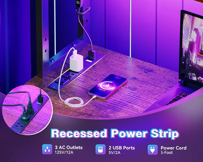 L Shaped Desk Gaming Desk with LED Light & Power Outlet