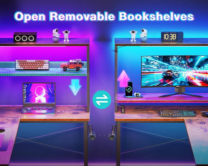 L Shaped Desk Gaming Desk with LED Light & Power Outlet