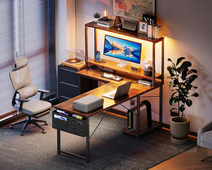 L Shaped Desk Gaming Desk with LED Light & Power Outlet