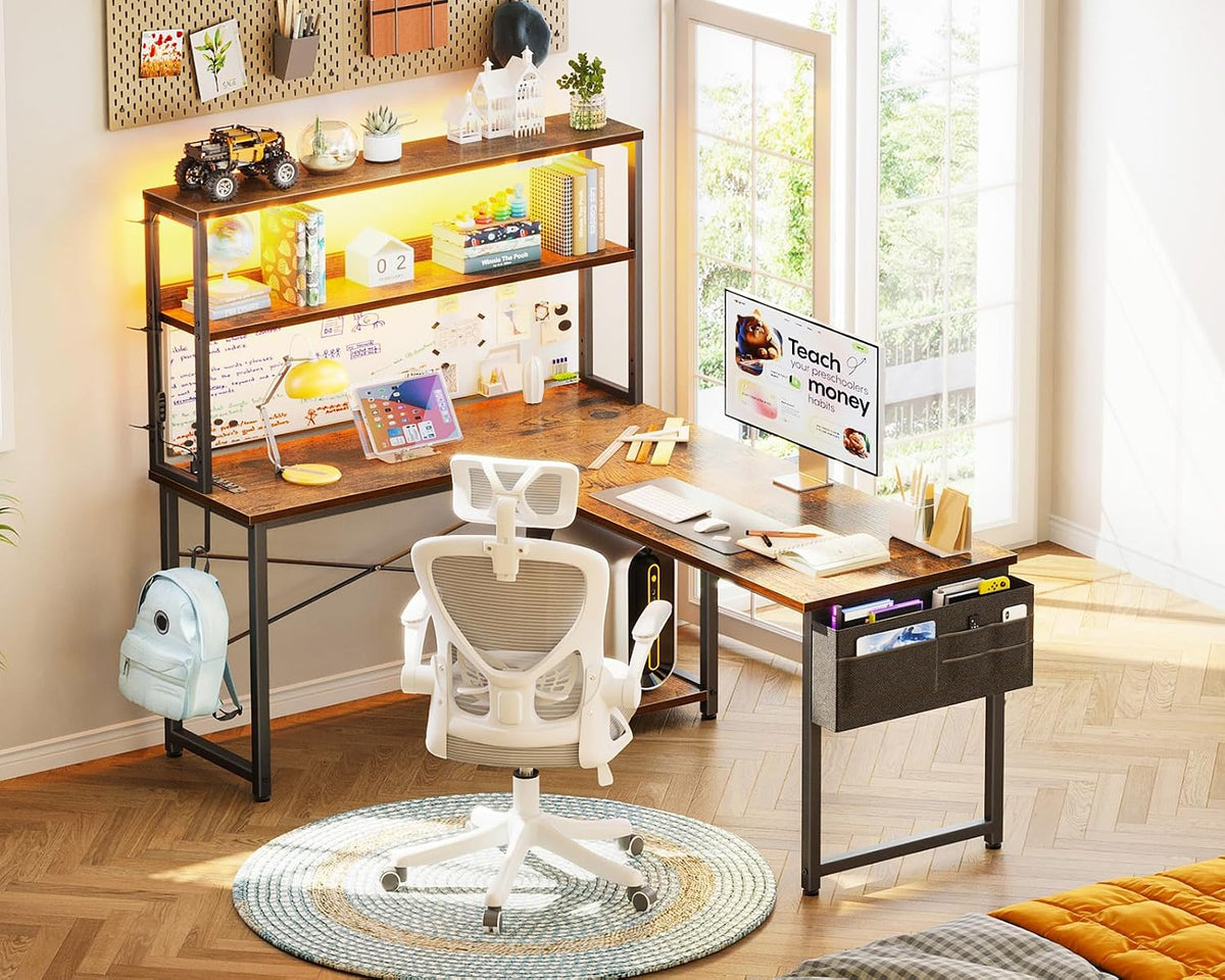 L Shaped Desk Gaming Desk with LED Light & Power Outlet