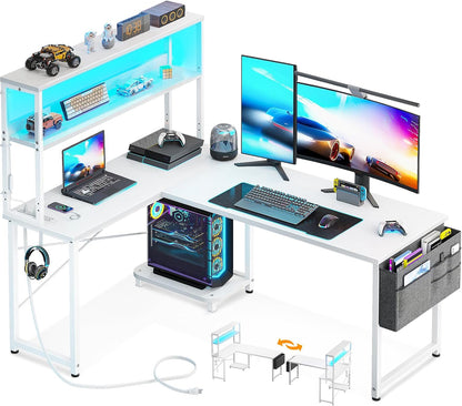 L Shaped Desk Gaming Desk with LED Light & Power Outlet