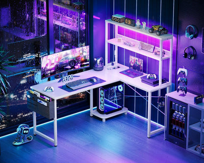 L Shaped Desk Gaming Desk with LED Light & Power Outlet