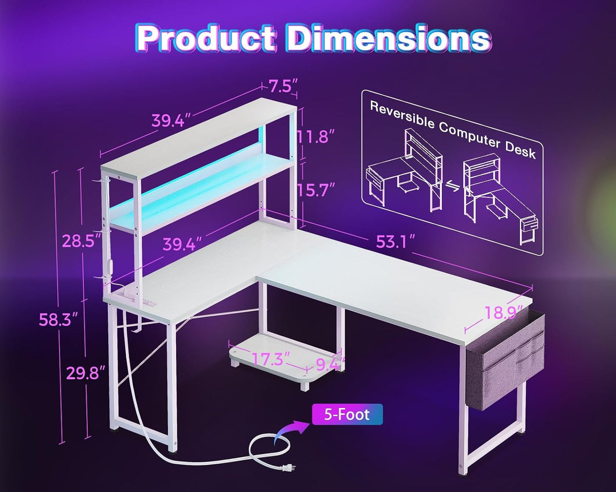 L Shaped Desk Gaming Desk with LED Light & Power Outlet