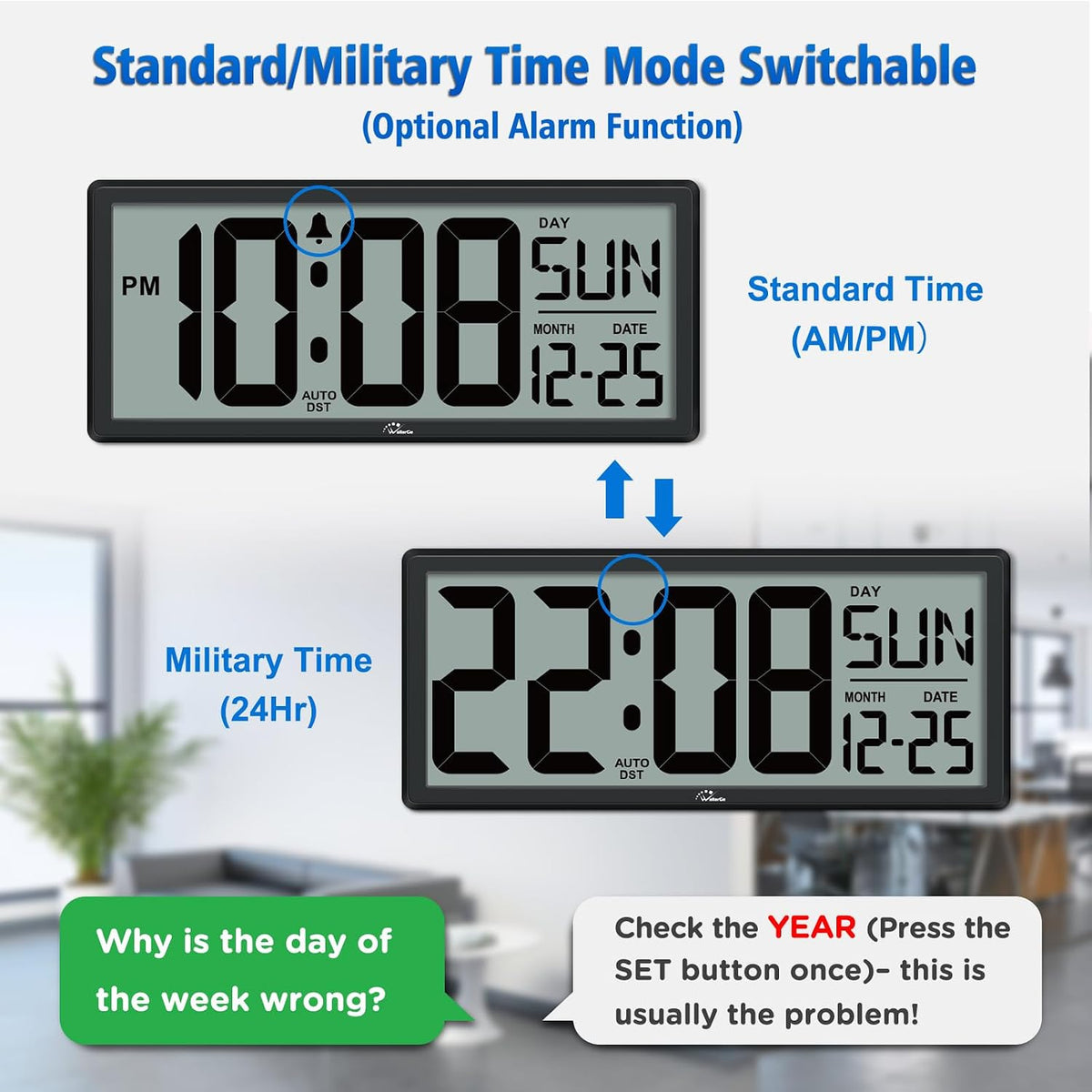 14.5'' Large Digital Wall Clock Battery Operated