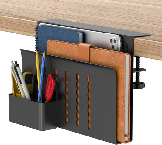 Desk Side Storage, Single-Layer Steel Hanging Desk Organizer with Magnetic Pen Holder, No Drilling Desk Drawer Cable Management Tray, Under Table Laptop Holder for Office, School&Home(Black)