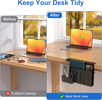 Desk Side Storage, Single-Layer Steel Hanging Desk Organizer with Magnetic Pen Holder, No Drilling Desk Drawer Cable Management Tray, Under Table Laptop Holder for Office, School&Home(Black)