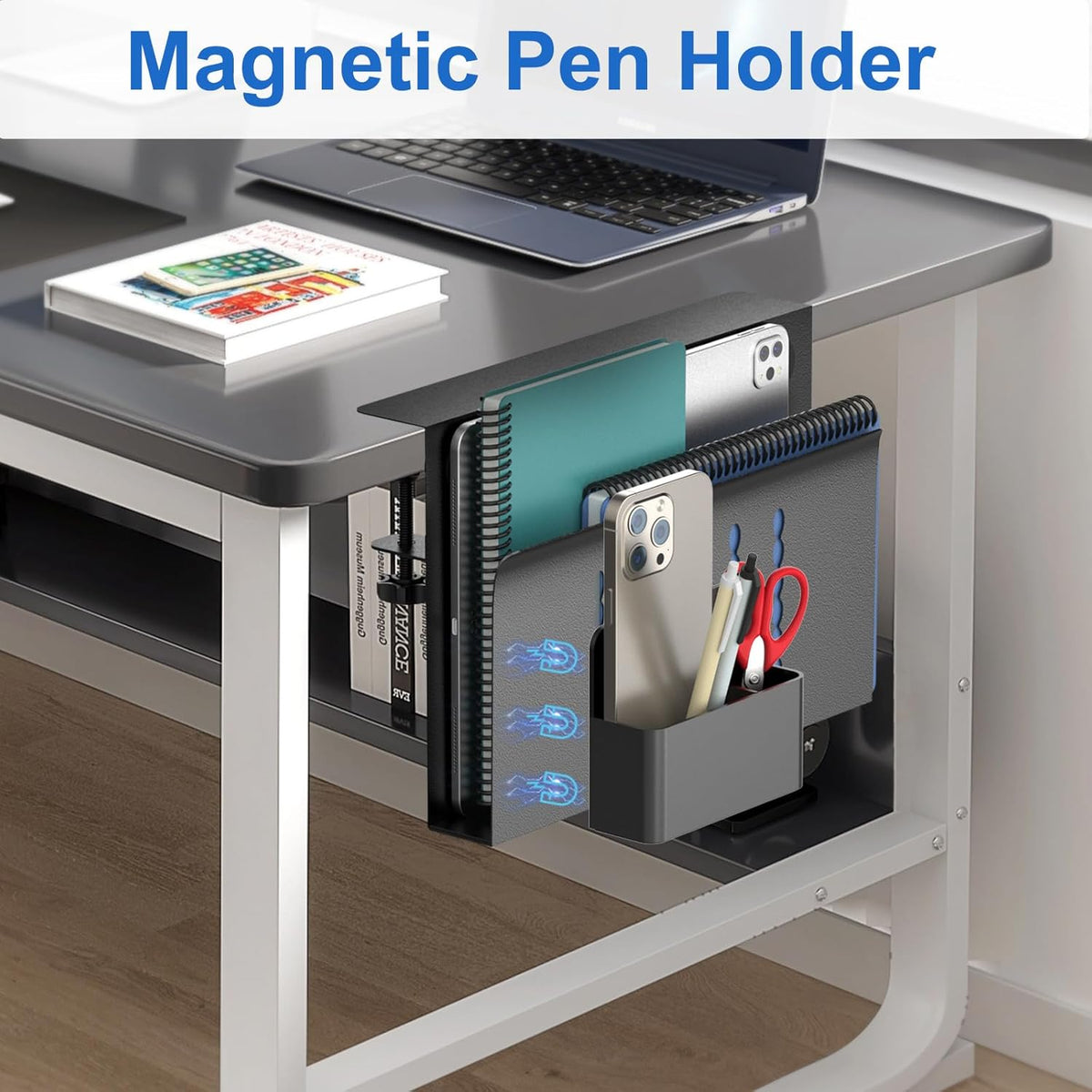 Desk Side Storage, Single-Layer Steel Hanging Desk Organizer with Magnetic Pen Holder, No Drilling Desk Drawer Cable Management Tray, Under Table Laptop Holder for Office, School&Home(Black)