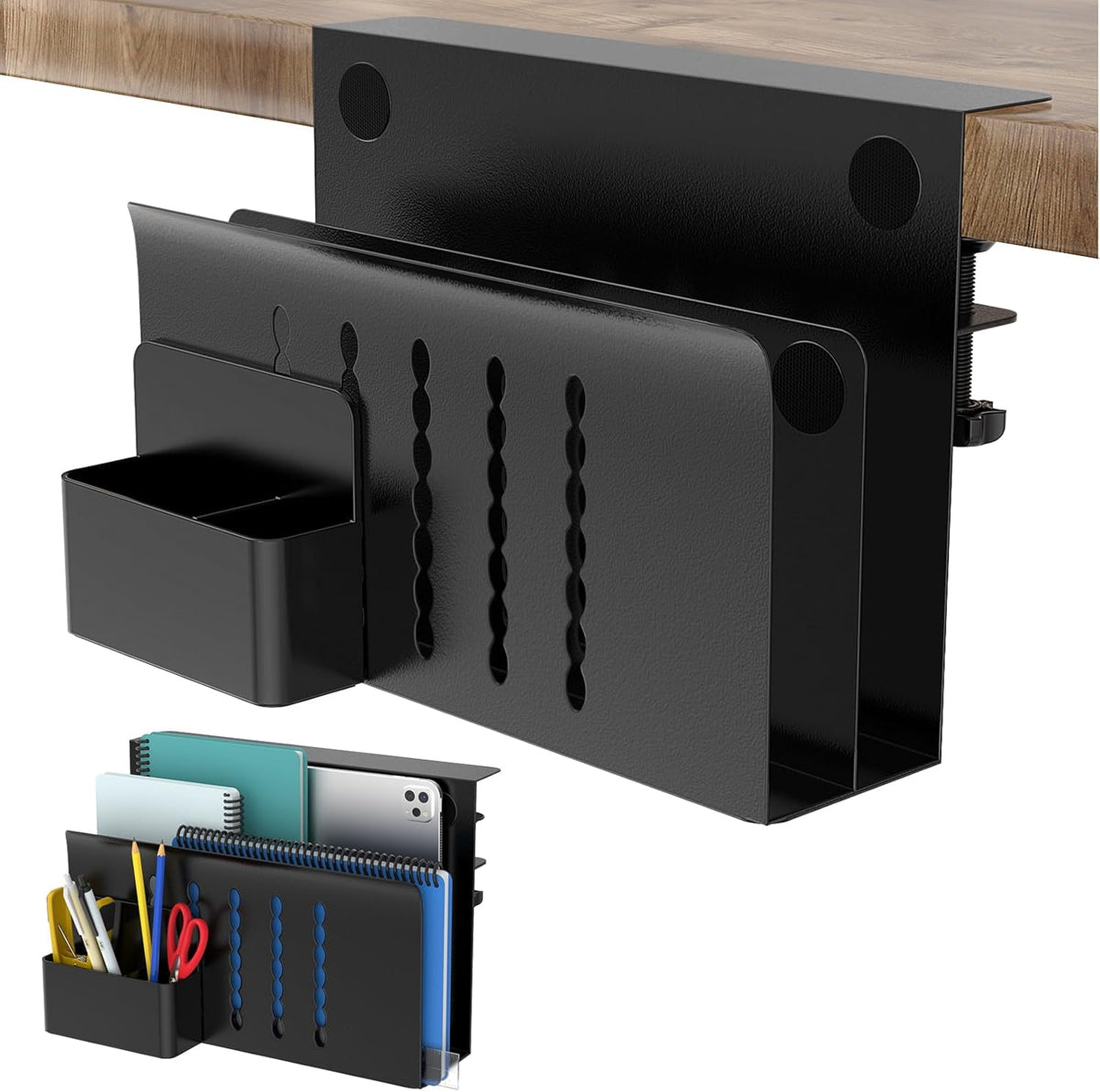Desk Side Storage, Single-Layer Steel Hanging Desk Organizer with Magnetic Pen Holder, No Drilling Desk Drawer Cable Management Tray, Under Table Laptop Holder for Office, School&Home(Black)