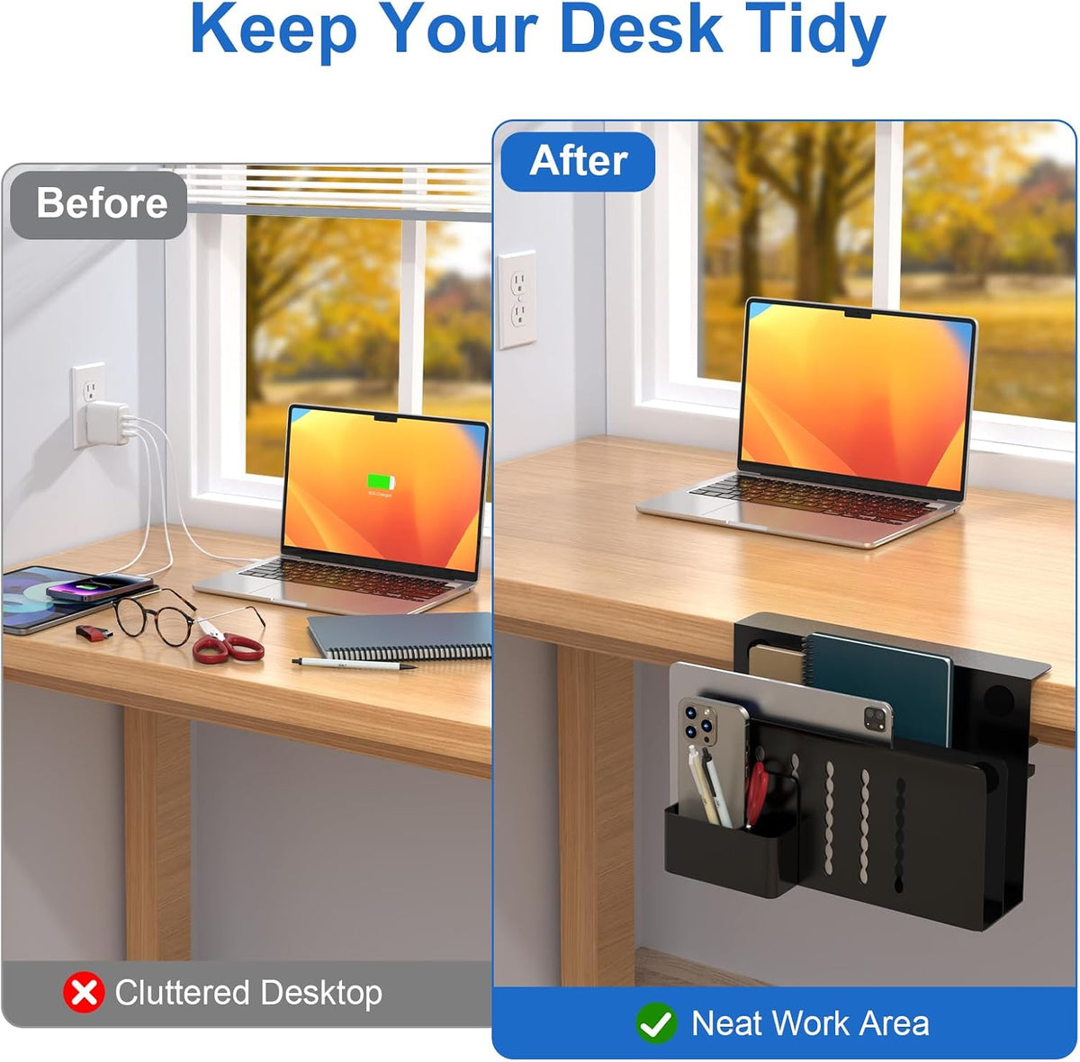 Desk Side Storage, Single-Layer Steel Hanging Desk Organizer with Magnetic Pen Holder, No Drilling Desk Drawer Cable Management Tray, Under Table Laptop Holder for Office, School&Home(Black)