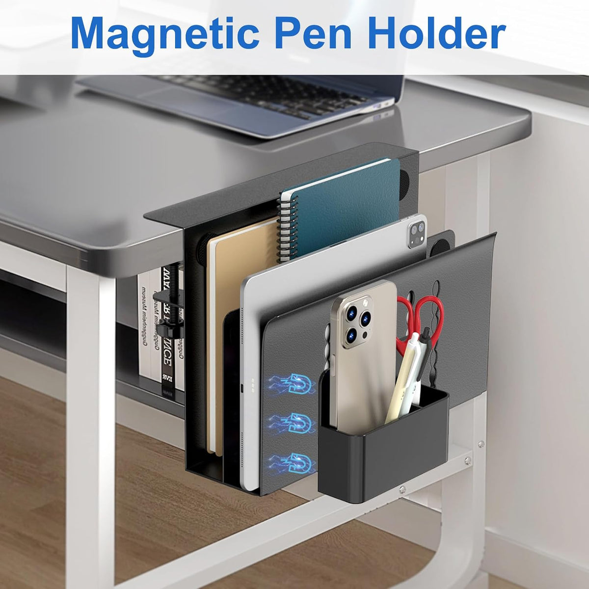 Desk Side Storage, Single-Layer Steel Hanging Desk Organizer with Magnetic Pen Holder, No Drilling Desk Drawer Cable Management Tray, Under Table Laptop Holder for Office, School&Home(Black)