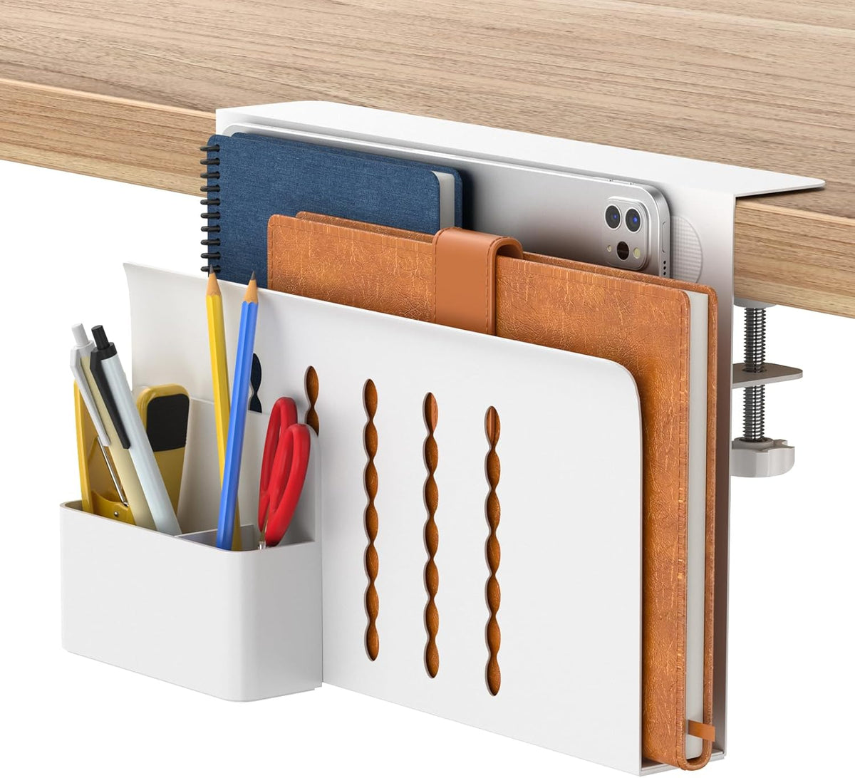 Desk Side Storage, Single-Layer Steel Hanging Desk Organizer with Magnetic Pen Holder, No Drilling Desk Drawer Cable Management Tray, Under Table Laptop Holder for Office, School&Home(Black)