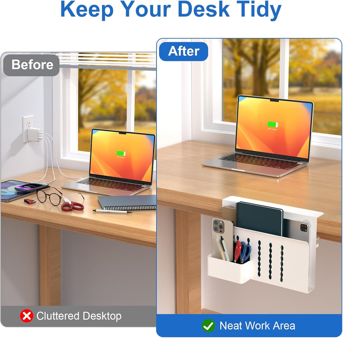Desk Side Storage, Single-Layer Steel Hanging Desk Organizer with Magnetic Pen Holder, No Drilling Desk Drawer Cable Management Tray, Under Table Laptop Holder for Office, School&Home(Black)