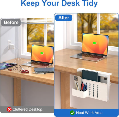 Desk Side Storage, Single-Layer Steel Hanging Desk Organizer with Magnetic Pen Holder, No Drilling Desk Drawer Cable Management Tray, Under Table Laptop Holder for Office, School&Home(Black)