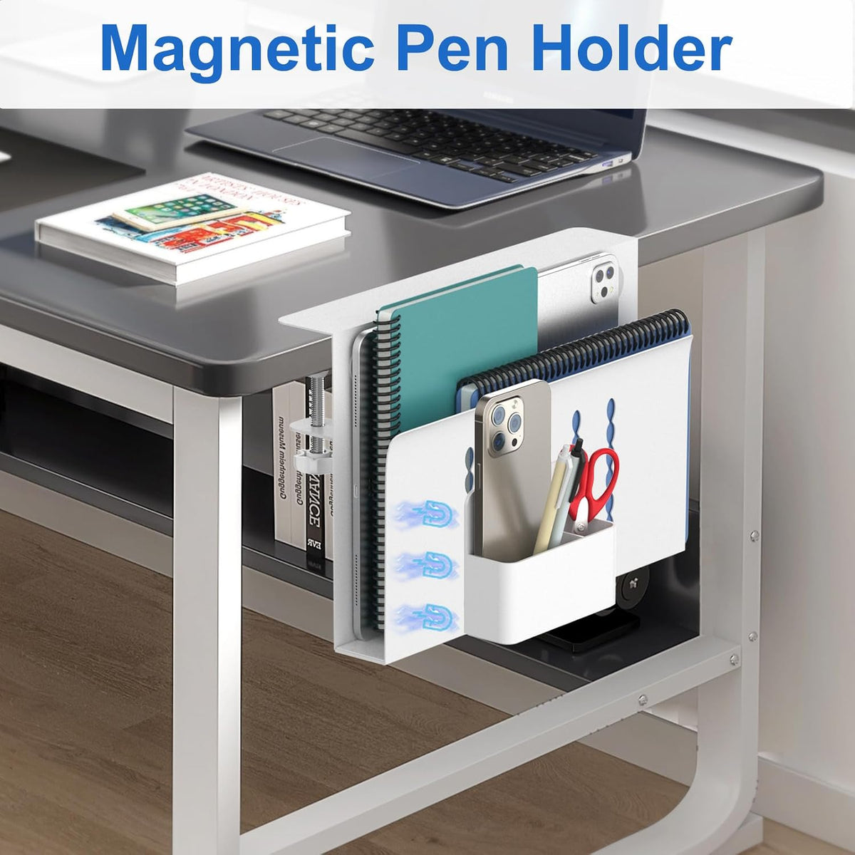 Desk Side Storage, Single-Layer Steel Hanging Desk Organizer with Magnetic Pen Holder, No Drilling Desk Drawer Cable Management Tray, Under Table Laptop Holder for Office, School&Home(Black)