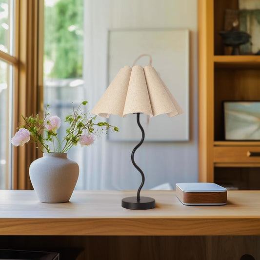 Small Table Lamp, Bedside Nightstand Lamp with Umbrella Form Fabric Lampshade Black Base, Morden Mini Desk Lamp for Bedroom Home Office Decor