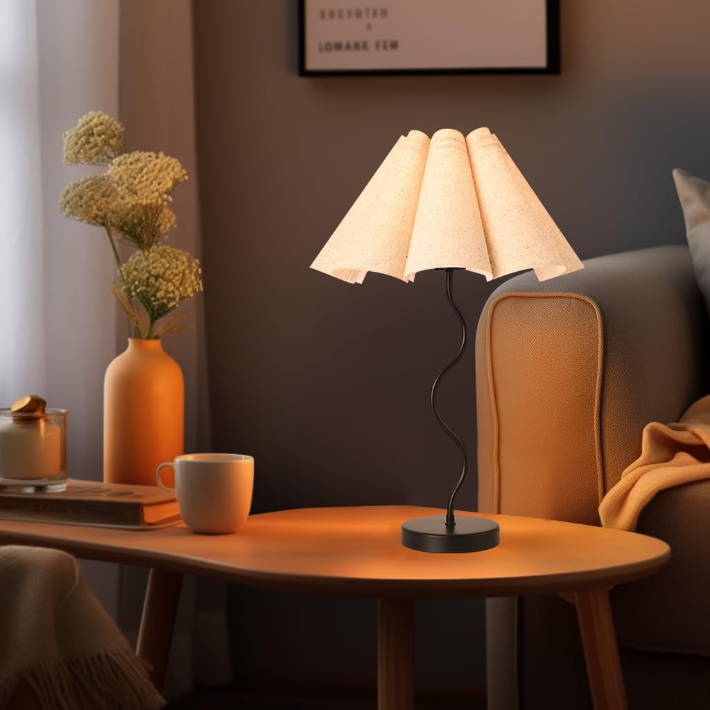 Small Table Lamp, Bedside Nightstand Lamp with Umbrella Form Fabric Lampshade Black Base, Morden Mini Desk Lamp for Bedroom Home Office Decor