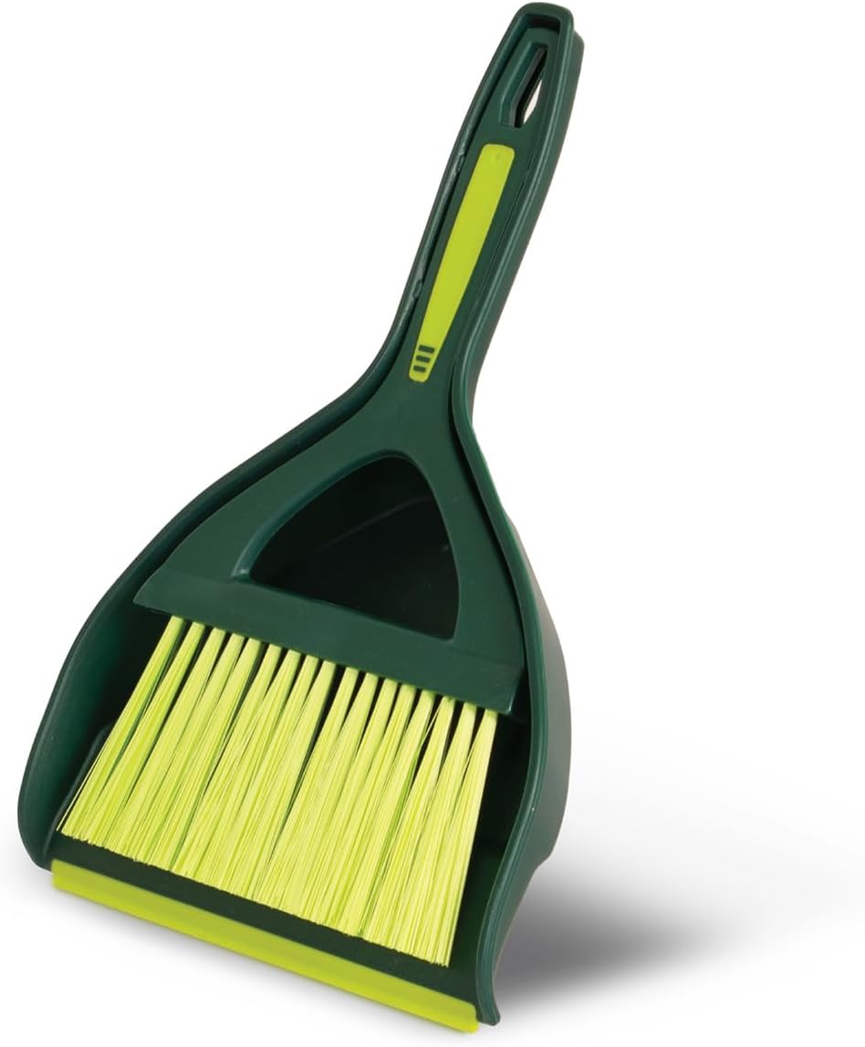 Mini Dustpan and Brush Set | Nesting Snap-On Design | Portable, Compact Dust Pan and Hand Broom for Cleaning, Green