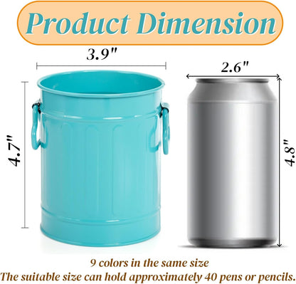 9 Pack Metal Pen Holder, Mini Pencil Bucket with Handle, Desktop Pencil Cup Makeup Brush Organizer, Desk Colorful Small Pails, Stationary Supplies Container for Office Classroom School Crafts