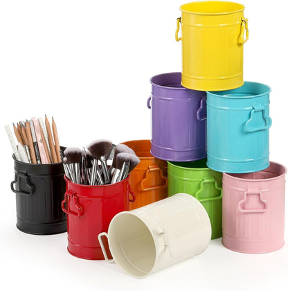 9 Pack Metal Pen Holder, Mini Pencil Bucket with Handle, Desktop Pencil Cup Makeup Brush Organizer, Desk Colorful Small Pails, Stationary Supplies Container for Office Classroom School Crafts