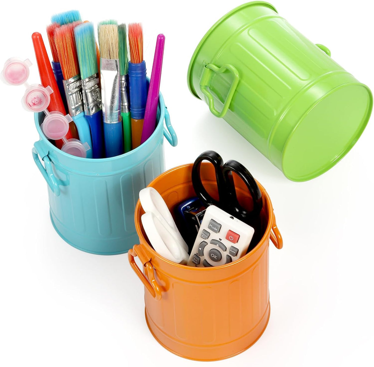 9 Pack Metal Pen Holder, Mini Pencil Bucket with Handle, Desktop Pencil Cup Makeup Brush Organizer, Desk Colorful Small Pails, Stationary Supplies Container for Office Classroom School Crafts