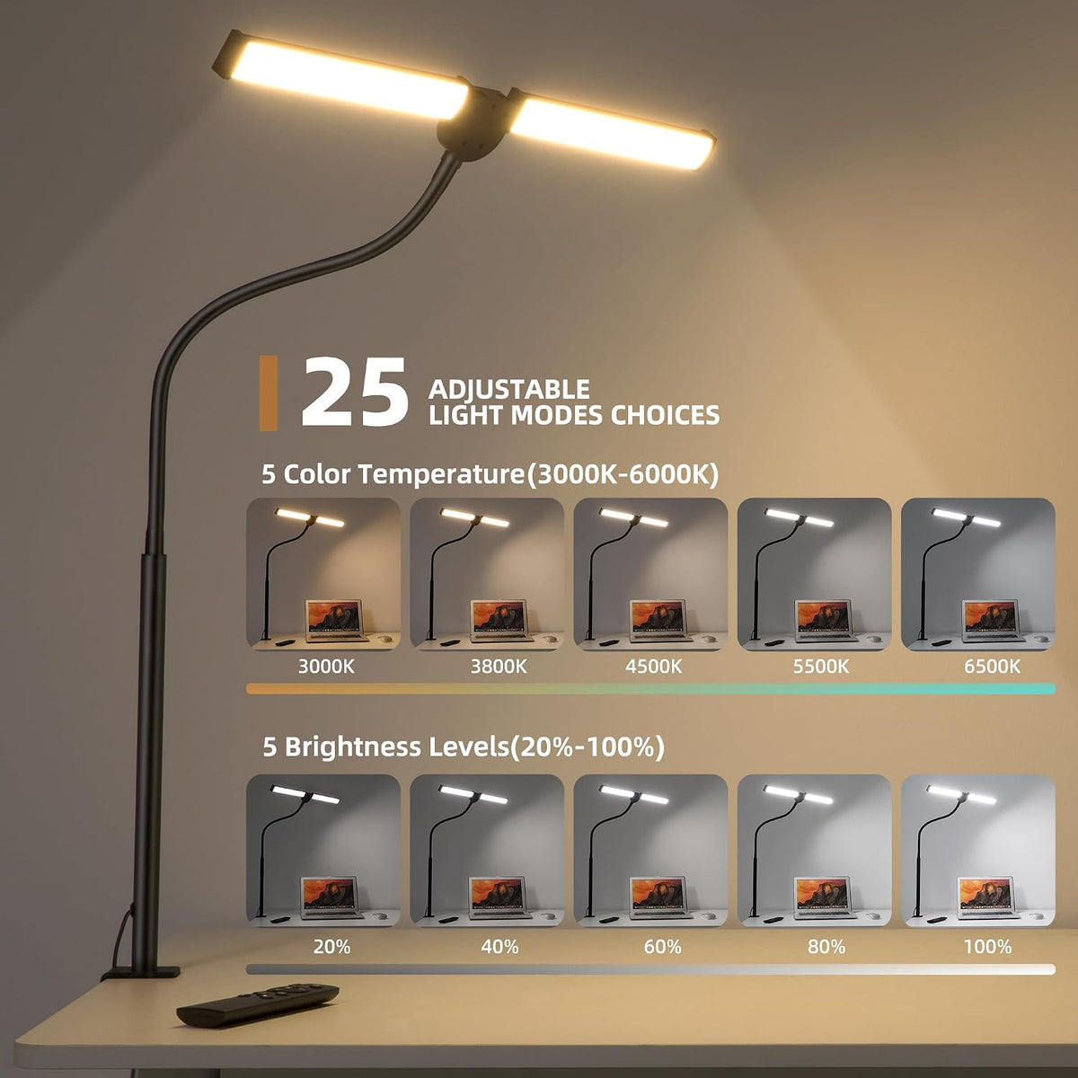 Led Desk Lamp for Home Office, Eye-Care Desk Light Clamp, Black