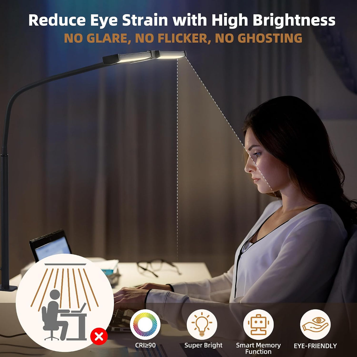 Led Desk Lamp for Home Office, Eye-Care Desk Light Clamp, Black