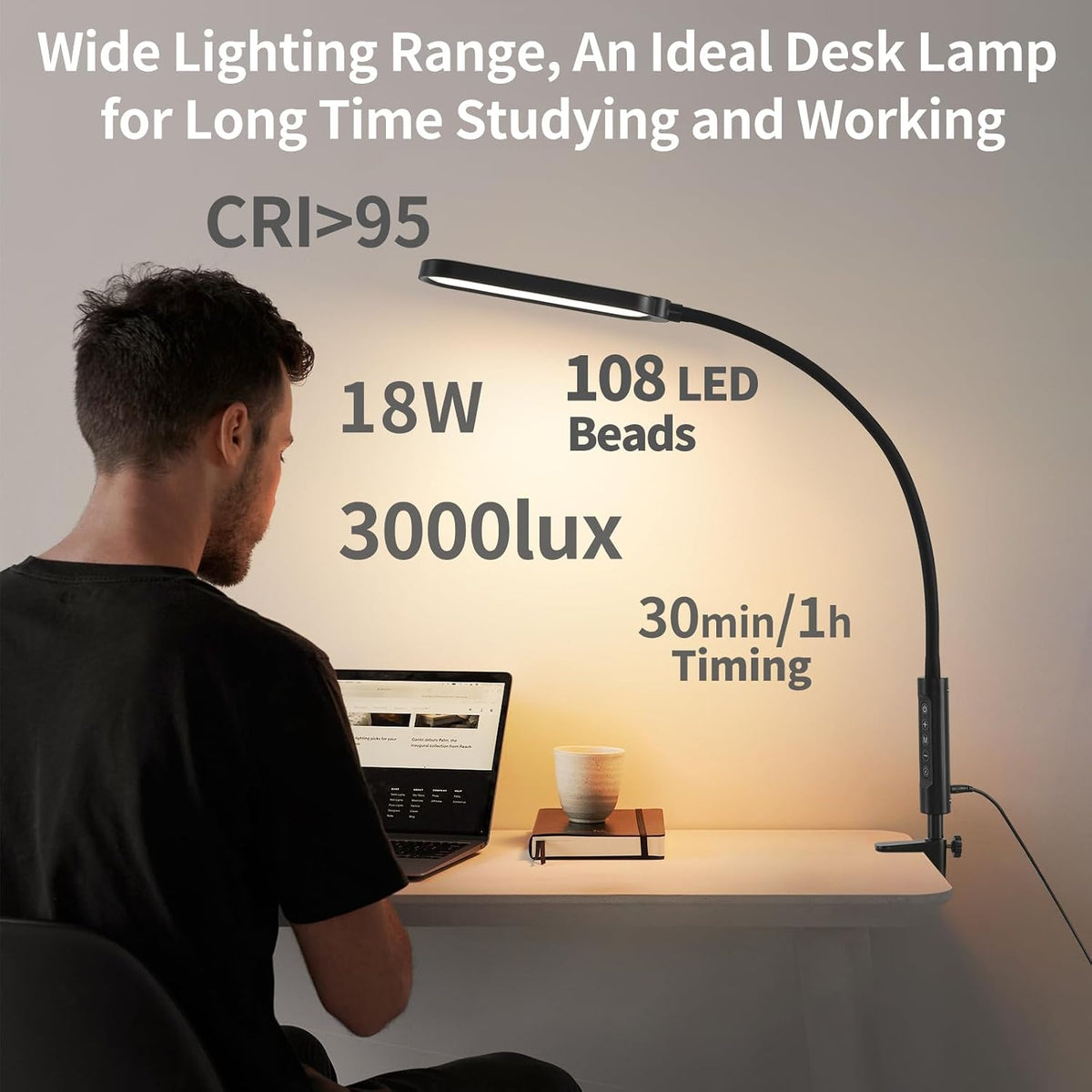 LUJOLUMIN 18W LED Clamp on Lamp with Remote Control and US Adapter