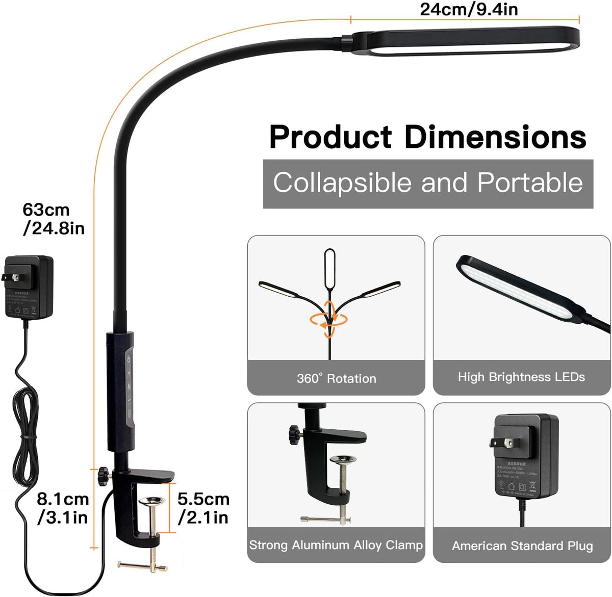 LUJOLUMIN 18W LED Clamp on Lamp with Remote Control and US Adapter