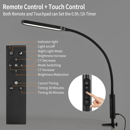 LUJOLUMIN 18W LED Clamp on Lamp with Remote Control and US Adapter