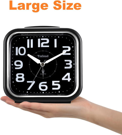 5.5" Large Analog Alarm Clock Silent Non Ticking, Gentle Wake, Beep Sounds, Increasing Volume, Battery Operated Snooze and Manual Light, Easy Set, Black (Best for Elder)