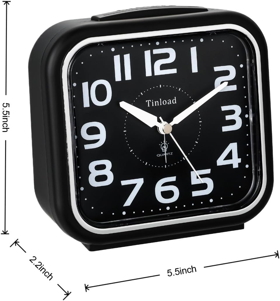 5.5" Large Analog Alarm Clock Silent Non Ticking, Gentle Wake, Beep Sounds, Increasing Volume, Battery Operated Snooze and Manual Light, Easy Set, Black (Best for Elder)