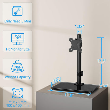 Monitor Stand for Desk, Freestanding Monitor Mount Fits 13-32 inch Screen up to 19.8 lbs, Screen Stand with Swivel, Height, Rotation Adjustment, VESA Mount 100 x 100mm, 75 x 75mm