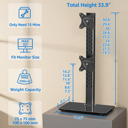 Monitor Stand for Desk, Freestanding Monitor Mount Fits 13-32 inch Screen up to 19.8 lbs, Screen Stand with Swivel, Height, Rotation Adjustment, VESA Mount 100 x 100mm, 75 x 75mm