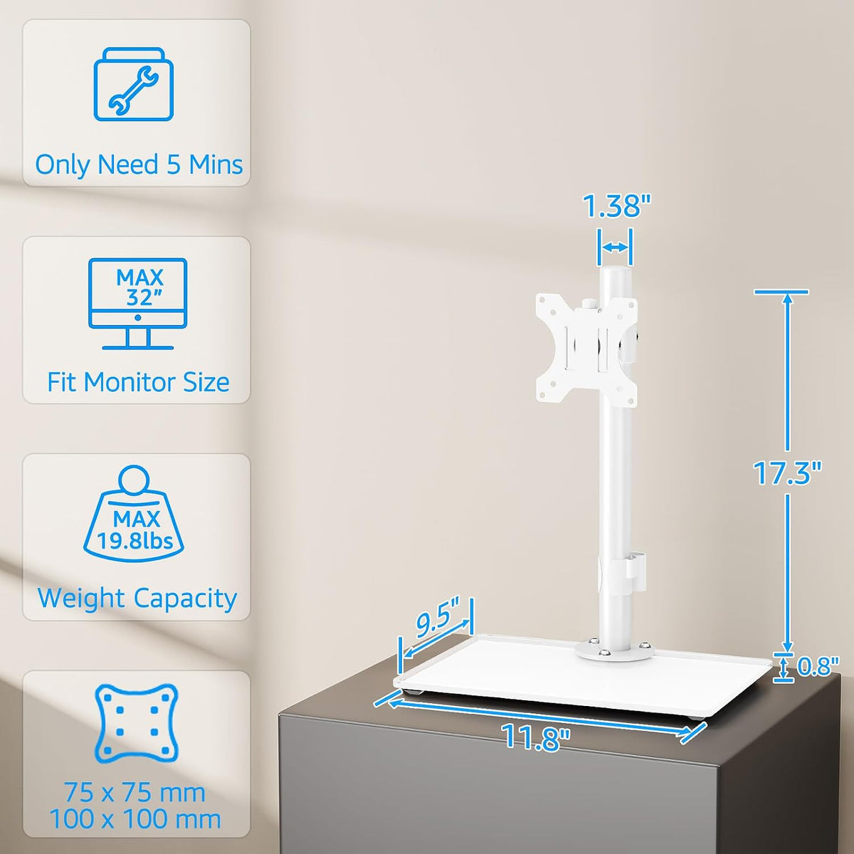 Monitor Stand for Desk, Freestanding Monitor Mount Fits 13-32 inch Screen up to 19.8 lbs, Screen Stand with Swivel, Height, Rotation Adjustment, VESA Mount 100 x 100mm, 75 x 75mm