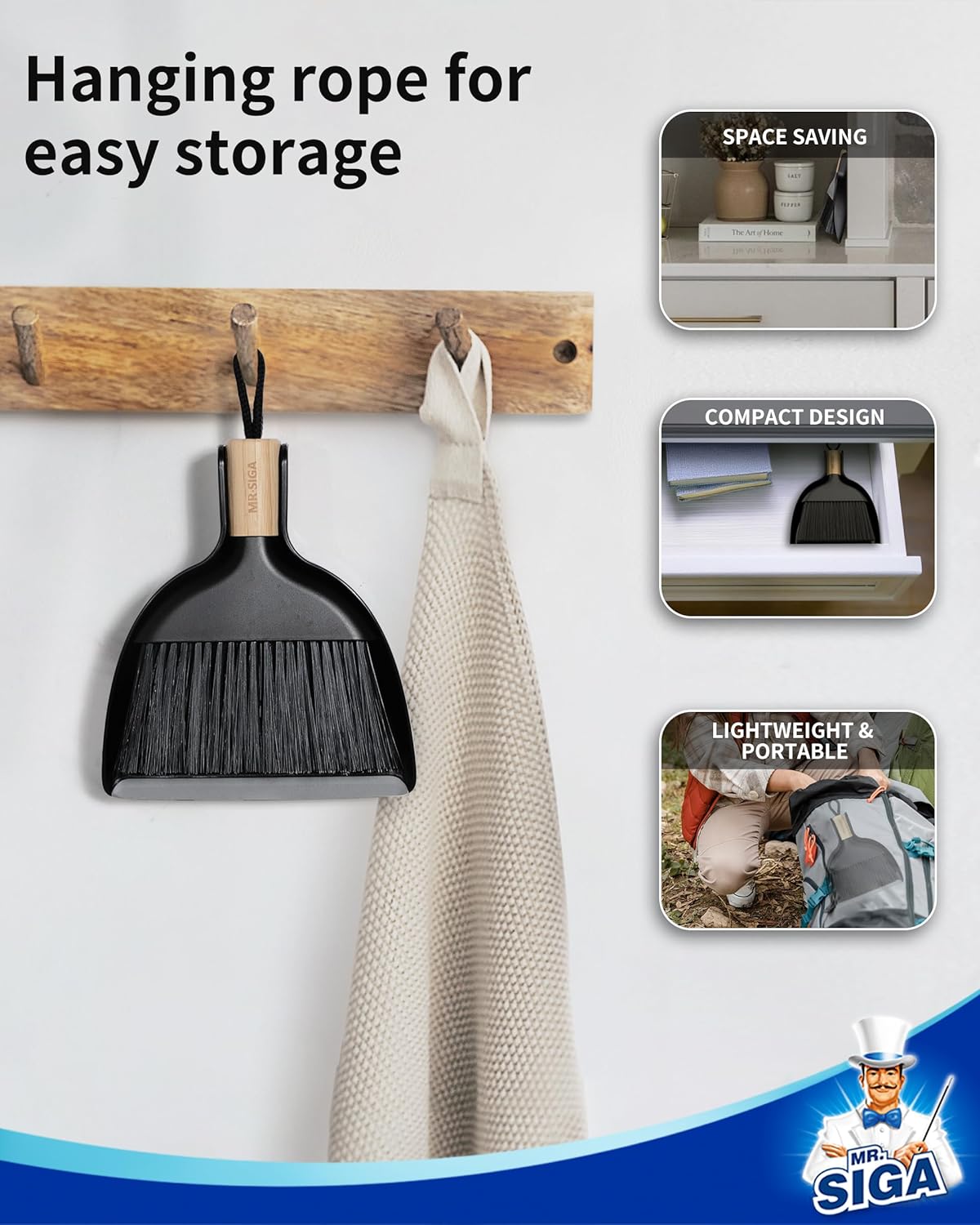 Mini Dustpan and Brush Set, Bamboo Handle, White, 1 Set