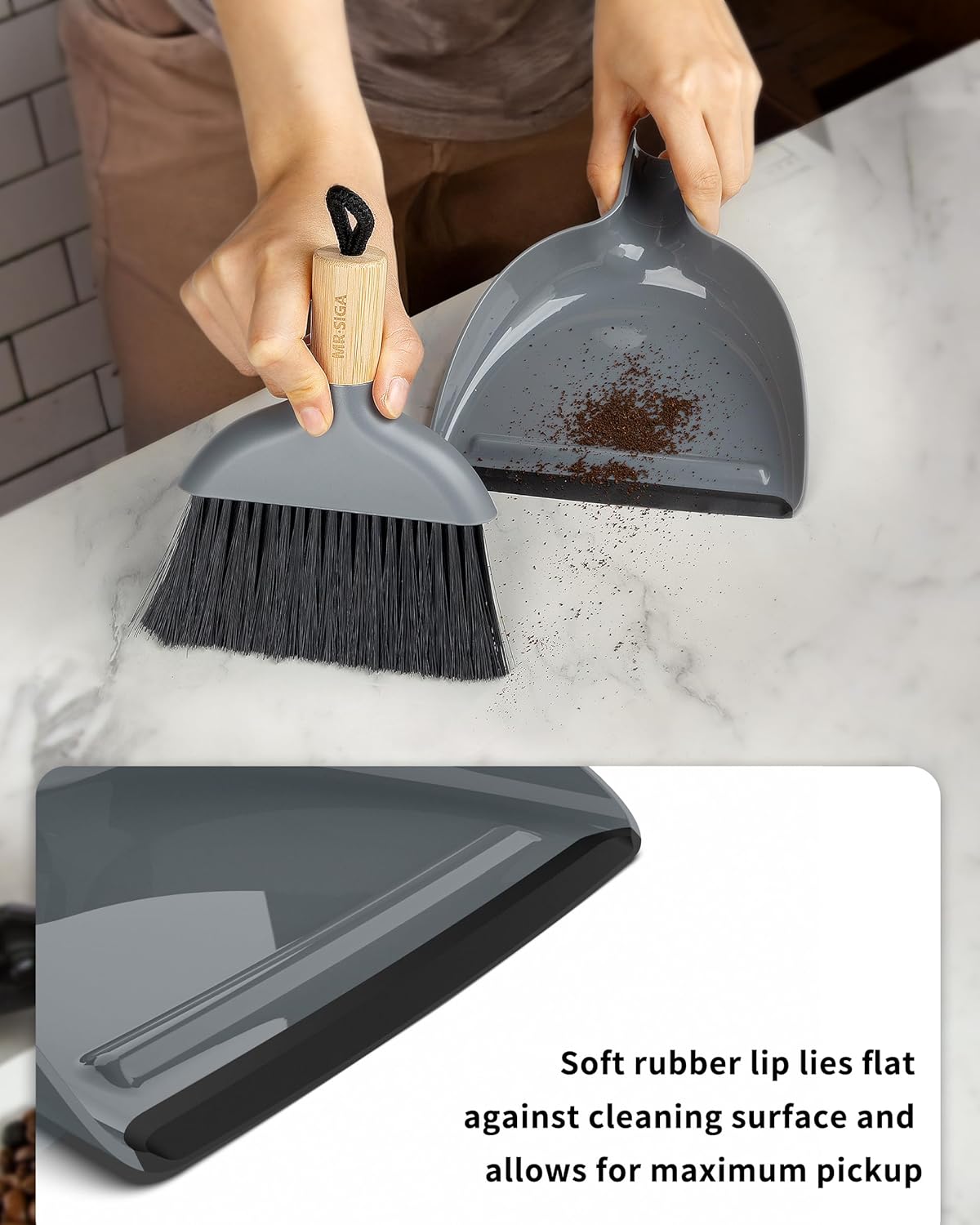 Mini Dustpan and Brush Set, Bamboo Handle, White, 1 Set