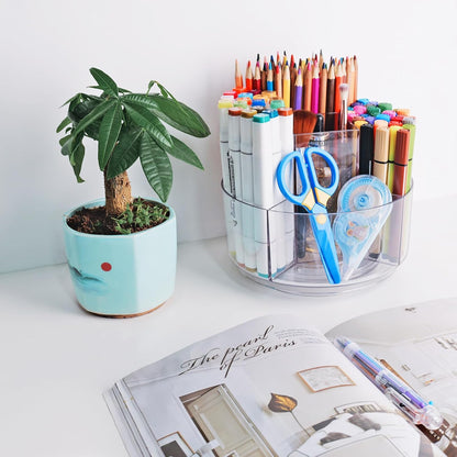 Acrylic Pen Marker Organizer for Desk, 360-Degree Rotating Pencil Holder Crayon Art Supplies Storage Organizer, 6 Slots Clear Large Capcaity Spinning Caddy for Home Office School Kids